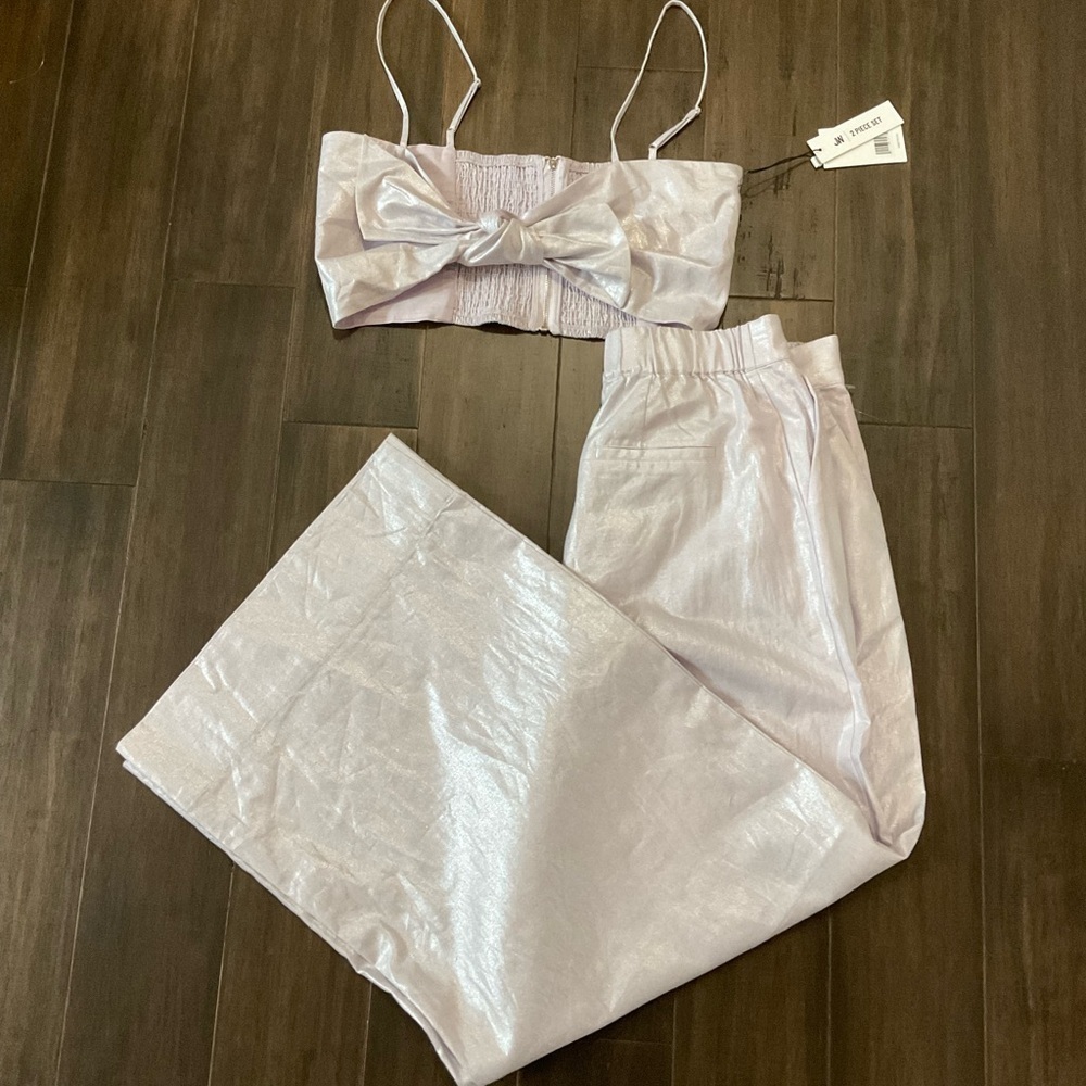 Jason Wu Linen Blend Lavender 2 Piece Wide Leg Pant Bow Crop Top Set Size Large